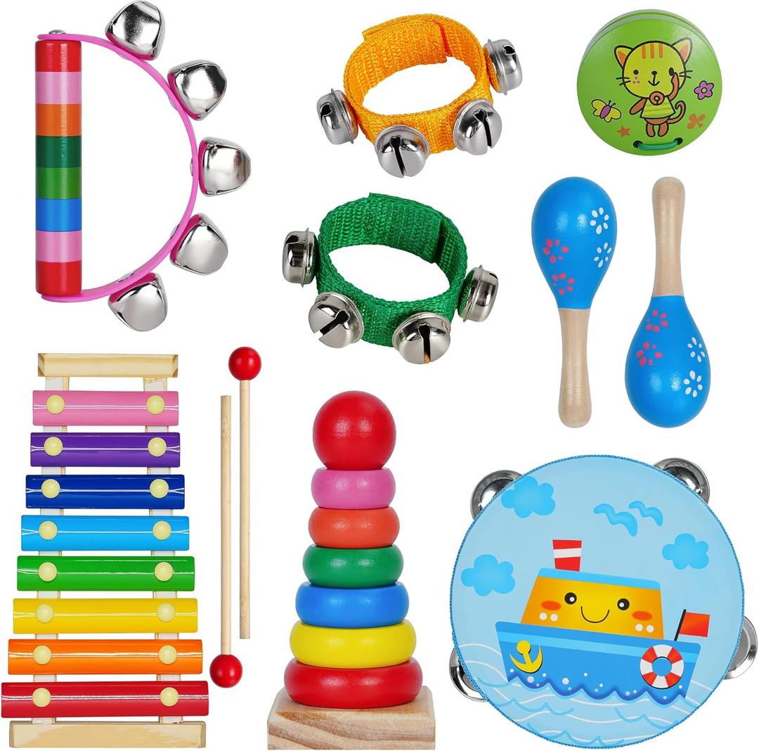 Kids Musical Instruments for Toddlers,Baby Musical Toys for Toddlers,Christmas Kids Gifts,First Birthday Gifts for Boys Girls, Kids Xylophone, Maracas for Baby, Wooden Instruments Toddler Toys with Bag
