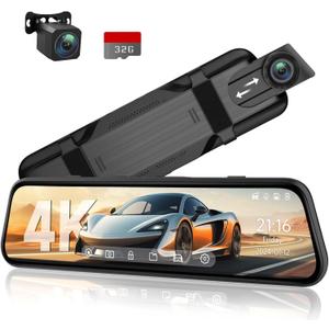 Veement 4K Rear View Mirror Camera, 10'' 4K Mirror Dash Cam with 1080P Backup Camera, Dash Cam Front and Rear for Car with Voice Control, 24H Parking Mode, Night Vision, 32GB SD Card Included