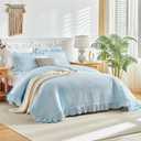 Blue Ruffle Quilt Set Full/Queen Size, 3 Pieces Shabby Chic Farmhouse Striped Bedspread Coverlet Set, Solid Lightweight Soft Microfiber Bed Cover for All Season (1 Ruffled Quilt + 2 Pillow Shams), Queen-90" x 90"
