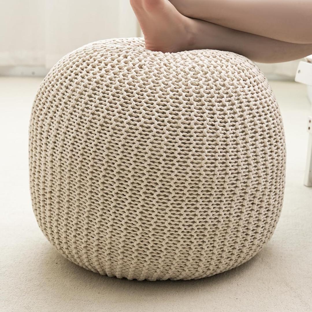 Pouf Ottoman Stuffed Round Modern Foam Filled Foot Rest Poufs for Living Room Chair Decorative 20 X 14 Inches Boho Relax Stool for Wedding Christmas Party, Beige (Beige, 20inch)