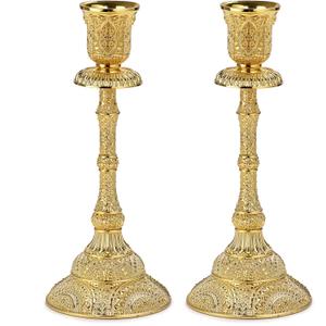 OwnMy Set of 2 Taper Candle Holders Vintage Metal Pillar Candlestick Holders 7.4, Elegant Brass Candle Stick Holders Decor Candelabra Set for Dining Table Centerpieces Wedding Home Decoration, Gold
