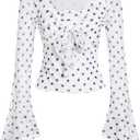 Verdusa Women's Y2K Cute Bell Sleeve Tops Floral Print Mesh Summer Long Sleeve Going Out Tops 2000s Clothing, X-Small (Polka Dots White)