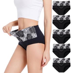 HAVVIS Women's Briefs Underwear Cotton High Waist Tummy Control Panties Rose Jacquard Ladies Panty Multipack (Large, Brief 04 - 5 Pack - Black)