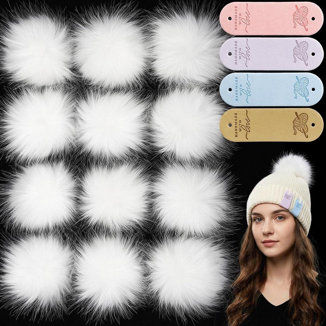 Suncalla 12 Set 4 Inch White Faux Fur Pom Pom Balls with Elastic Loop Faux Leather Tags Personalized Leather Label for Hat Beanie Scarf Gloves Bag Accessory Clothes Knitting Crochet Item DIY