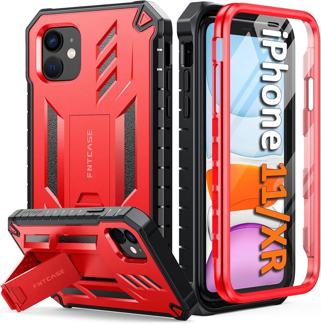 FNTCASE for iPhone 11 Phone Case: for iPhone XR case with Kickstand Shockproof Military Grade Protective Cover - Dual Layer Full Protection Sturdy Matte Textured Drop Proof - 6.1 Inch Red