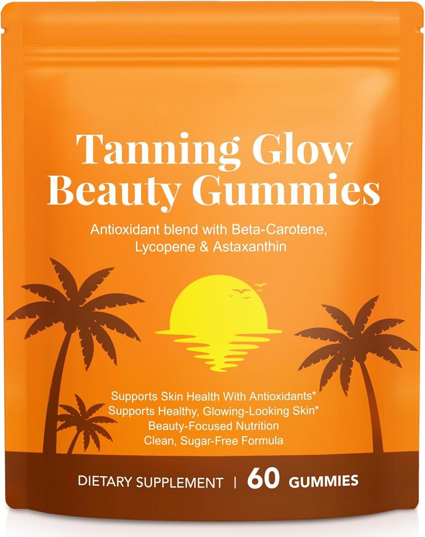 Tanning Gummies with Astaxanthin for Women and Men, Sunless Tanning Gummies with Beta Carotene, Lycopene & Astaxanthin, Healthy Tanning Skin, Vegan & Sugar Free - 60 Count, Best By: 03/27/2029