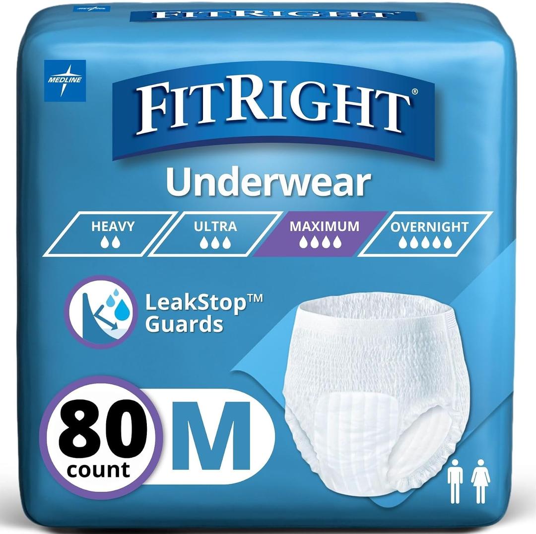 Medline FitRight Super Adult Incontinence Underwear, Maximum Absorbency, Medium, 28-40, 4 Packs of 20 (80 Total) (White, M)