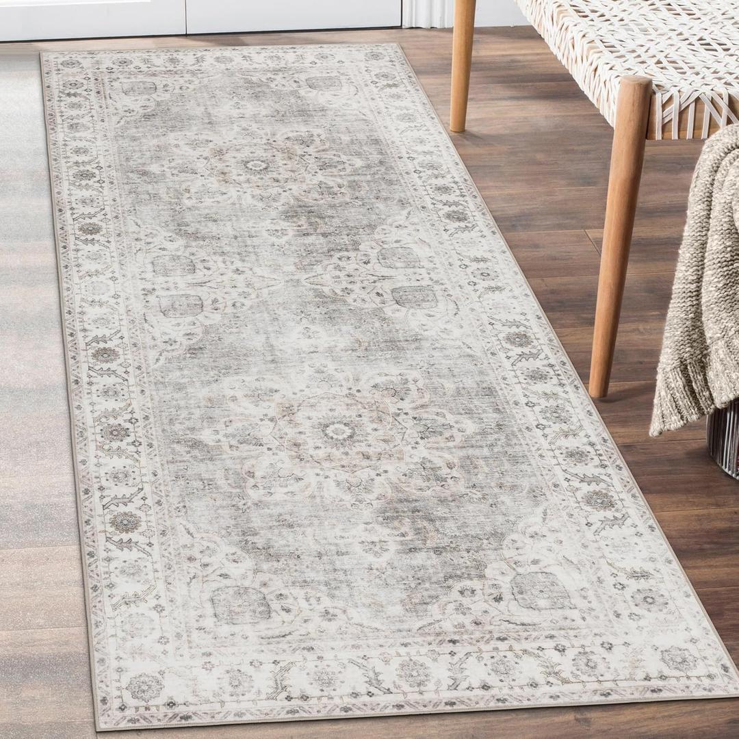 Machine Washable Area Rug Runner - Living Room Bedroom Bathroom Kitchen Entryway Office - Padded Low Pile Stain Resistant Premium - Boho Farmhouse Vintage - Joy - Beige Ivory 2'6" x 8'
