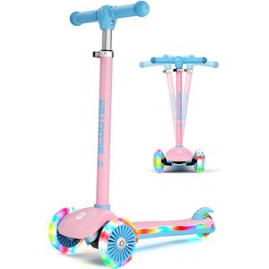KORIMEFA Scooter for Kids Ages 3-8 with Light-Up Wheels & Deck, 3-Wheel Toddler Scooter with Adjustable Height, Anti-Slip Deck, Lean-to-Steer