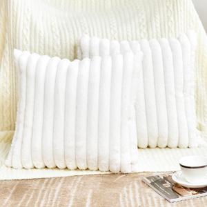 Throw Pillow Covers Decorative Faux Fur Set of 2 20x20 Inch Pillow Covers, Soft Cream White Striped Pillowcases for Couch Sofa Bed Living Room, Fluffy Cute Home Boho Accent Fuzzy Decor