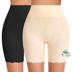 FRESBEIT Cooling Slip Shorts for Under Dress Women Anti Chafing Seamless High-Wasited Shapewear Short Workout Biker Shorts (Beige, XL)