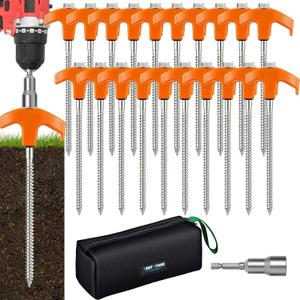 20 Pack 8" Heavy Duty Screw in Tent Stakes, Metal Camping Stakes, Drill-In Ground Anchor, Threaded Stakes for Canopies, Gardening, Yard Inflatables, with Hex Socket and Storage Bag (Orange)
