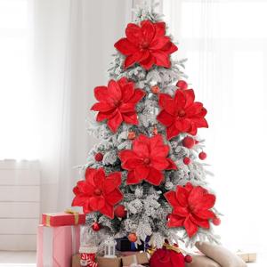 8 Pcs Large Christmas Flower Magnolia Flowers Christmas Tree Decoration Artificial Poinsettia Stems Velvet Xmas Ornaments for Xmas Tree Table Decor (Burgundy,16 Inch)