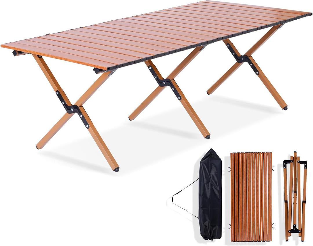 Camping Table Folding, 132 lbs Capacity & 11 lbs Lightweight, 45.5x23.2 Inch Portable Roll Up Low Picnic Table with Carry Bag for 4-6 Person, Beach, Backyard, BBQ, Camping (Wood Grain-foldable)