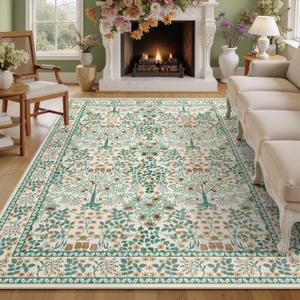 5x7 Area Rugs Living Room Rug - Floral Vintage Morris-Inspired Washable Carpet, Low Pile Non-Shedding Stain Resistance Boho Soft Carpet for Bedroom, Dining Room, Office, Farmhouse (5'x7' Beige Green)