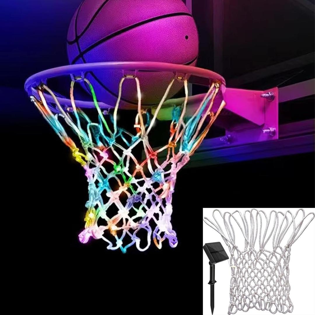 Glow in The Dark Basketball Net, Solar-Powered LED Lighted Nylon Basketball Hoop Net with Remote Control, Waterproof, Multi-Mode Lighting for Nighttime Outdoor Basketball, Kids & Adults (white)
