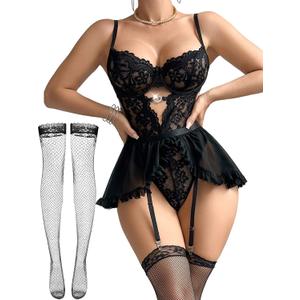 Alrovetoney Women Lingerie with Garter Belt 4pcs Set Lace Contrast Mesh Bodysuit Ruffle Garter Belt Skirt With Stockings (Black, XXL)