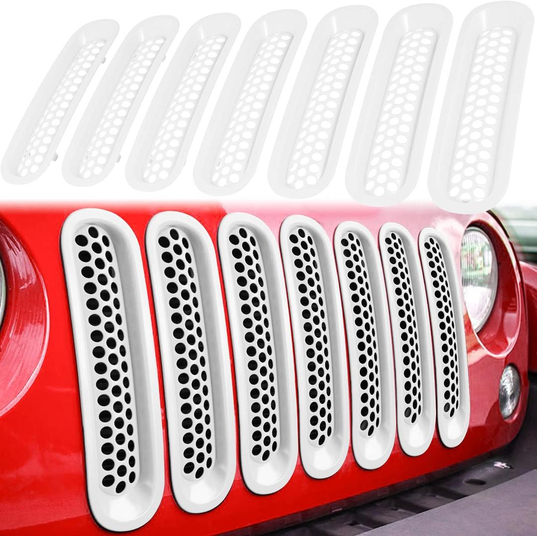 7PCS Front Grill Mesh Inserts for Jeep Wrangler JK JKU Unlimited 2007 2008 2009 2010 2011 2012 2013 2014 2015 2016 2017 2018 Grille Guard Cover Trim Clip-in Exterior Accessories (Matte White)