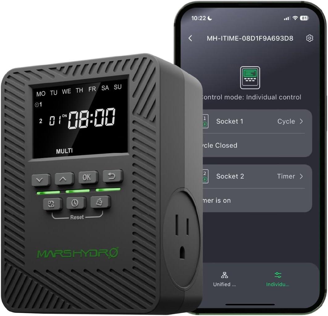 2025 MARS Hydro ITime 2-in-1 Smart Timer Outlet Dual Outlet App Control Custom Programmable 12 On/Off for Home Office and Plant Growth Use