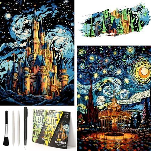 4 Pack Night Glow Scratch Art Rainbow Painting Paper, Magic Glow-in-the-Dark Scraping, Van Gogh Style Creative Craft Set, Fun DIY Toy Sketch Card Scratchboard for Kids, Adults (Amusement Park/Castle)