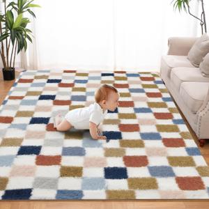 Super Soft Rug for Bedroom, 5x7 Ft Rainbow Area Rug Classic Checkered Shaggy Rug Anti-Skid High Pile Soft Fluffy Fuzzy Carpet for Living Room Bedroom Kids Room Nursery, Dorm Home Decor (6'8" x 5' (Rectangular))