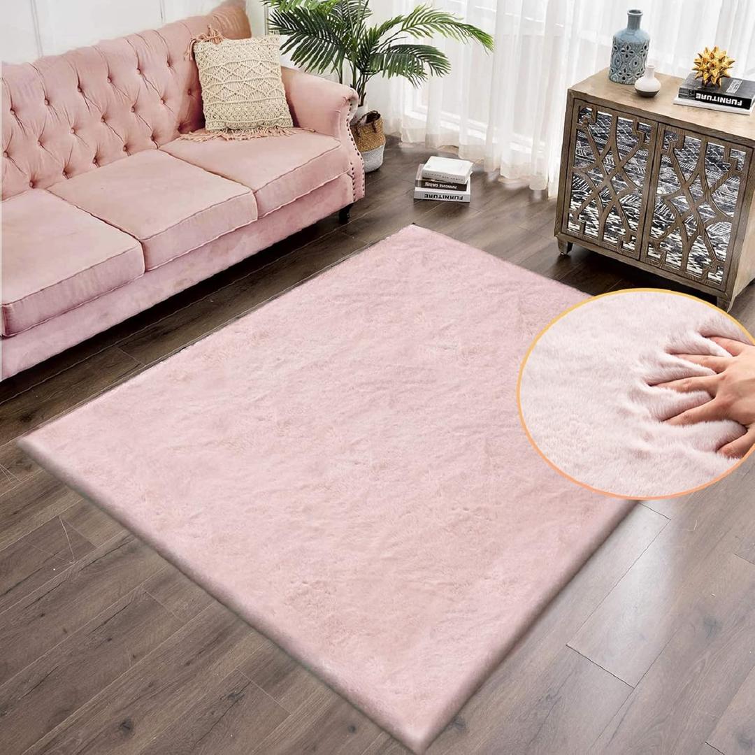 Pink Washable Fluffy 5x8 Area Rugs for Bedroom Plush Faux Rabbit Shag Fur Rug for Living Room Nursery Rug