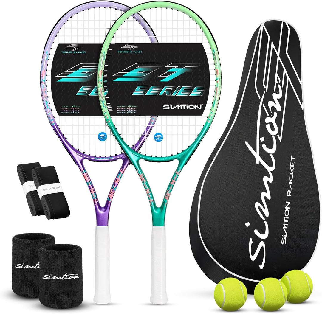 27 Inch Tennis Rackets Set, 2 Player Pre-StrungTennis Racquets for Adults, 2 Overgrip Tapes, 3 Balls, 2 Wristbands and Carrying Bag, for Beginner and Professional (Dark purple & Dark green)