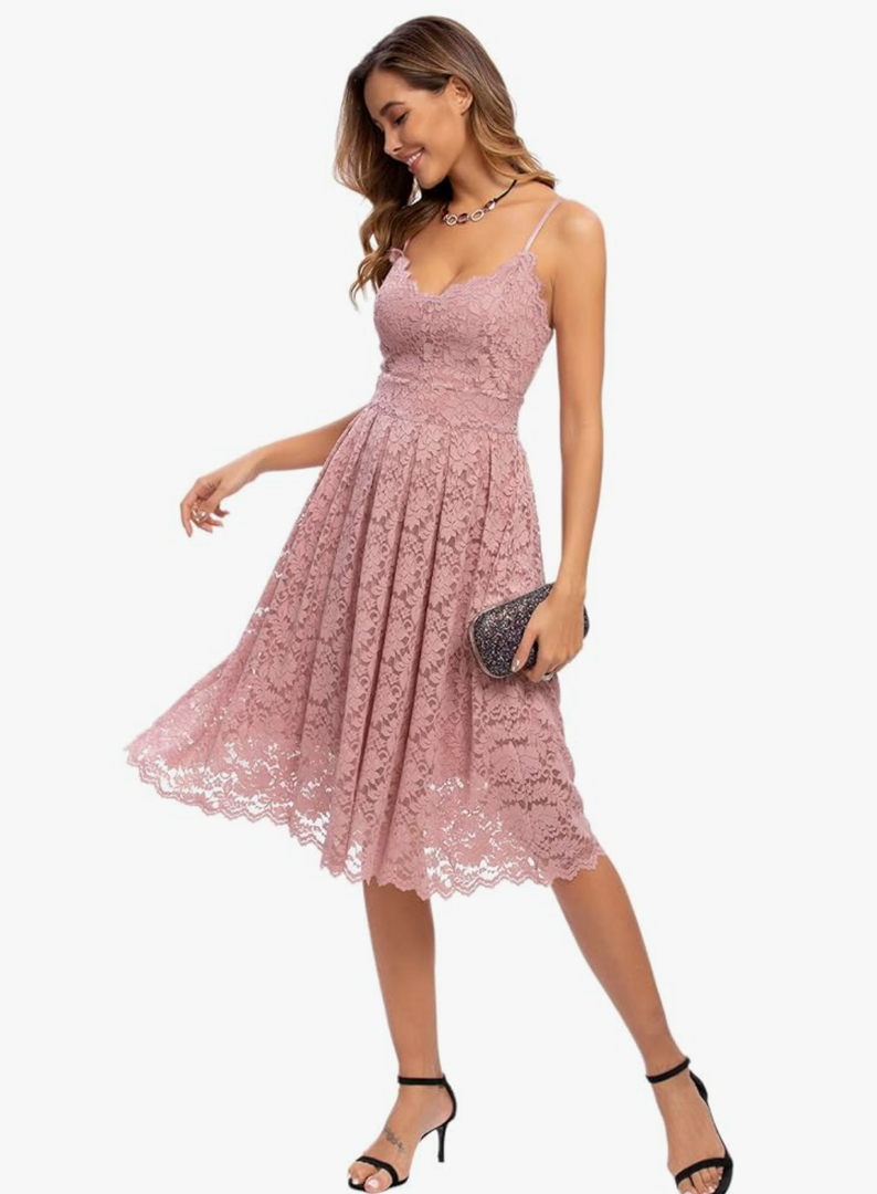 Atnlewhi Womens Spaghetti Strap V Neck Sleeveless A Line Lace Dresses for Evening Cocktail Formal Wedding Guest Size Medium 
