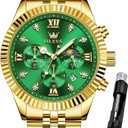 OLEVS Gold Watches for Men Luxury Dress Green Big Face Stainless Steel Analog Quartz Mens Watch Wrist Waterproof Fashion Chronograph Moon Phase Luminous Mens Watches Relojes para Hombres