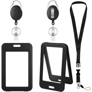 ID Badge Holders and Retractable Reel Clips,Lanyard with Release Buckle, Key Card Holder Nametag Protector (Black-1, Double-Sided Clear(Vertical))