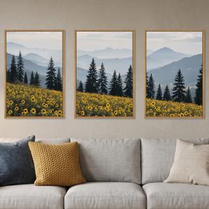 HPNIUB Large Boho Wildness Sunflower Framed Canvas Wall Art Set -24"x36"x3