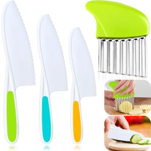 4 Pcs Kids Knife Set, Kids Kitchen Knife with Crinkle Cutter, Serrated Edges Plastic Toddler Chef Knife for Real Cooking & Cutting Fruit Bread