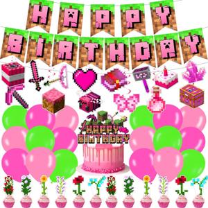 Pink Pixel Birthday Party Decorations.Pink Pixel for Mining Gamer Party Supplies Pixel Banner Swirls Cake Toppers Gaming Parties Set for Mining Video Game Parties Decorations