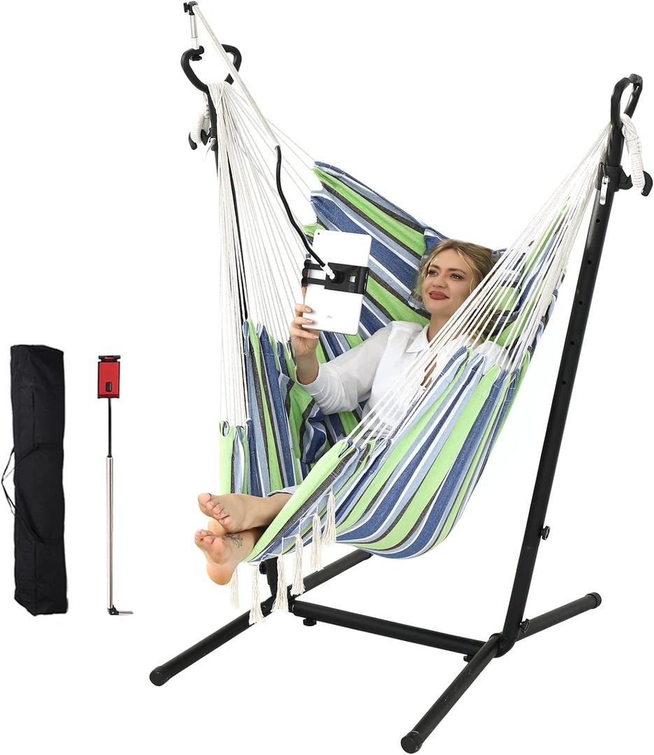 ZEYU Hammock Chair with Stand Double Hammock Chair Bohemian Style with Tassel Mobile Phone Support Manual Adjustable Swing Indoor and Outdoor Garden Porch with Floor mat Reclining Capacity 400 pounds (Apple Green)