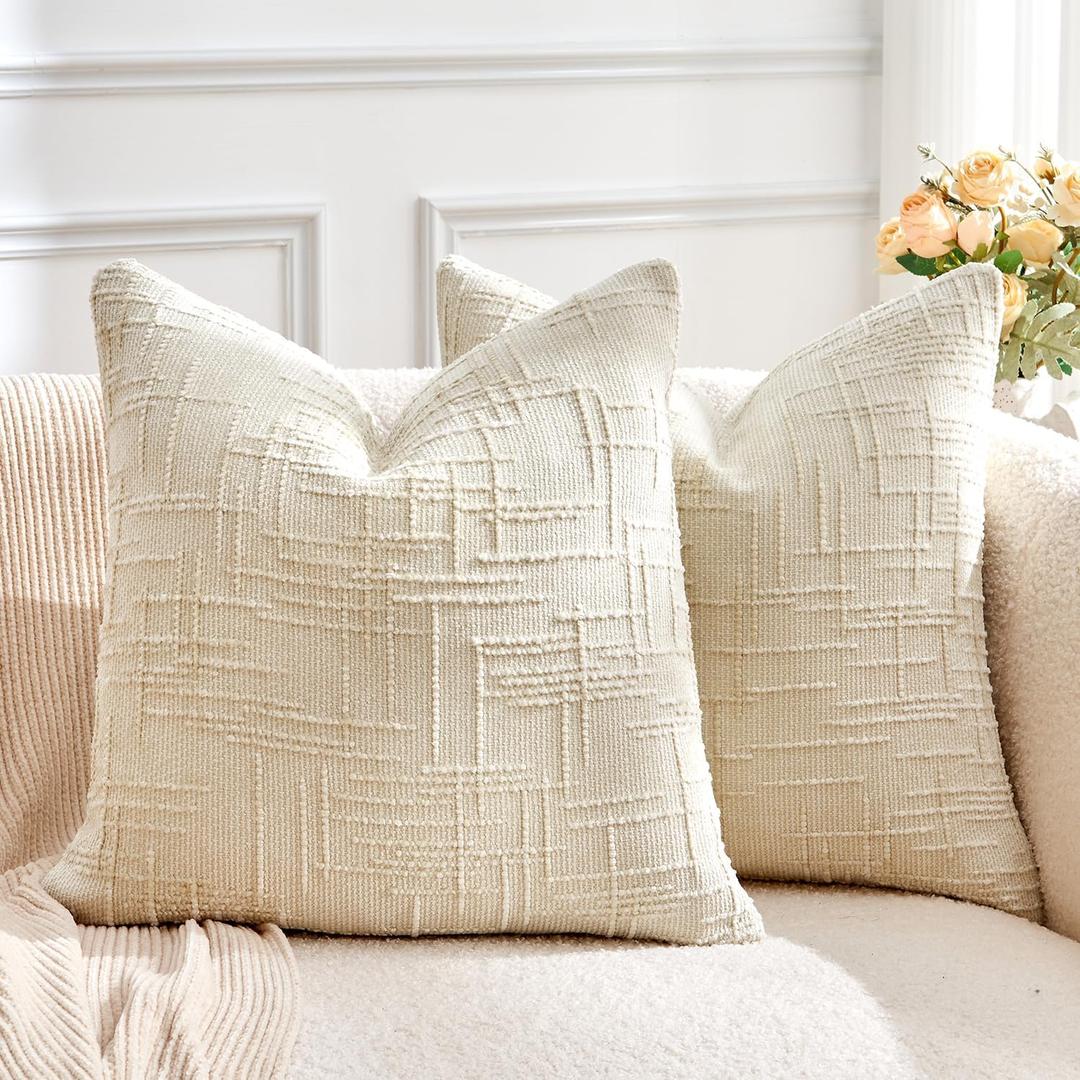 Throw Pillow Covers Neutral White Set of 2 18x18 Inch Pillow Covers, Soft Chenille Decorative Pillowcases for Couch Sofa Bed Living Room, Home Boho Decor, Modern Farmhouse Cushion Covers