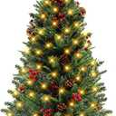3 FT Mini Tabletop Christmas Tree, Artificial Christmas Tree with 80 LED Light Beads and 170 PE+PVC Branch Tips Battery Powered, Pine Cones and Red Berries Included for DIY Xmas Decorations
