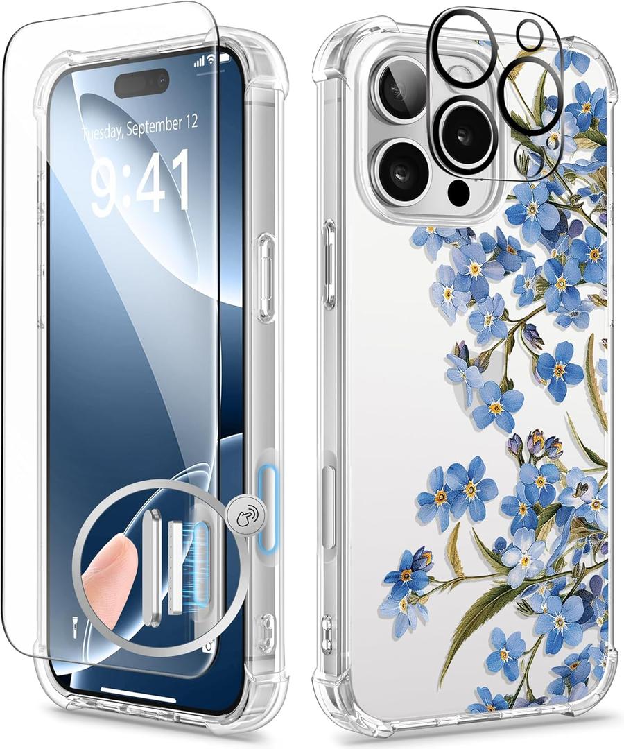 GVIEWIN for iPhone 16 Pro Case, with Screen Protector & Camera Lens Protector, Military-Grade Protection, Clear Shockproof Slim Floral Women Phone Case for iPhone 16 Pro, Aconite/Blue