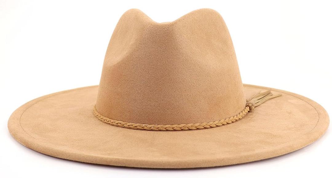 LIDHAY Big Wide Brim Fedora Hats for Women Men Western Suede Hat Large Felt Panama Hat Rancher Hat (Brown, M)