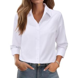 siliteelon Button Down Shirts for Women: Wrinkle Free Long Sleeve Regular Fit Collared Dress Shirt Solid Formal Office (X-Large, White)