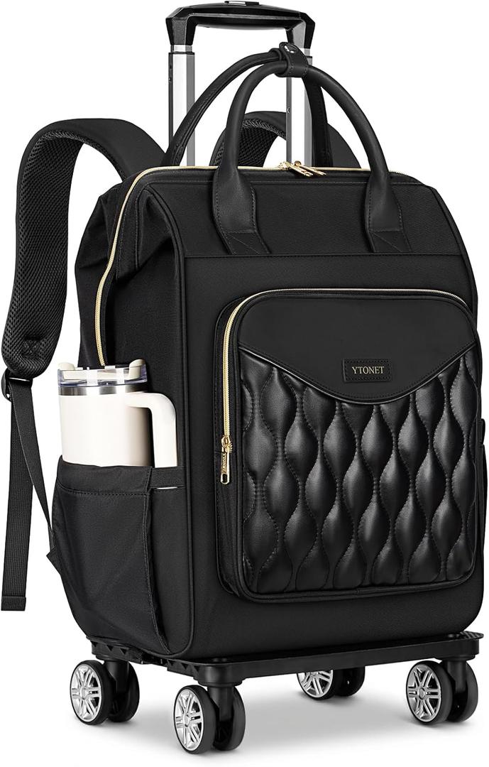 Ytonet Rolling Backpack for Women, 15.6 In Rolling Travel Backpack with 4 Spinner Wheels, Carry On Rolling Laptop Bag with Detachable Trolley, Stylish Wheeled Backpack for College Business Work, Black, 18.8" x 13.5" x 8.5"
