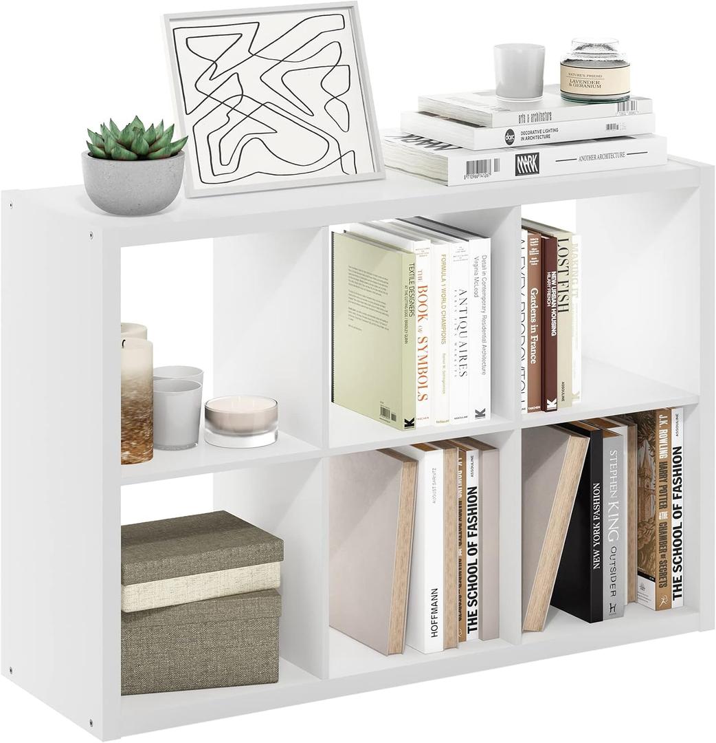 Furinno Cubicle Book Shelf, 6-Cube Bookshelf, Extra Thick Frame Horizontally & Vertically Reversible Bookcase with Open Back, 14.6" x 44" x 30", for Living Room, Bedroom, Home Office, White, 6-cube,1.2in