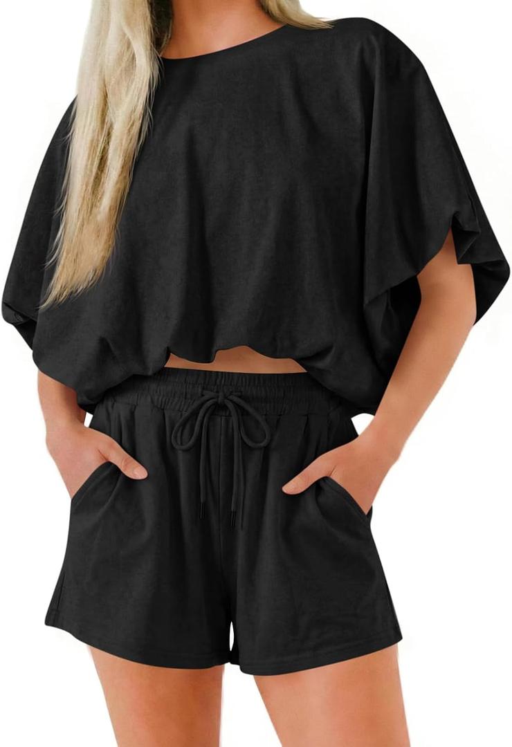 Cicy Bell Womens Summer 2 Piece Short Sets Puff Sleeve Cropped Tops and Shorts Casual Loose Outfits Comfy Lounge Sets (Medium, Black)
