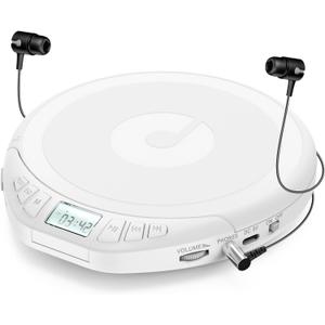 Gueray CD Player Portable CD Dsicman: with Earphones for Car with Anti-Skip Shockproof with LCD Display Support PROG Memory Repeat Function (White)