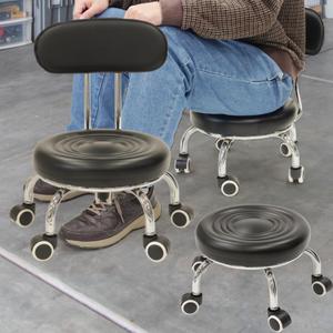 Japard Low Rolling Stool with Wheels High Backrest Garage Mechanic Roller Seat Chair, PU Leather Padded, Heavy Duty 220 lbs, Black (Black)