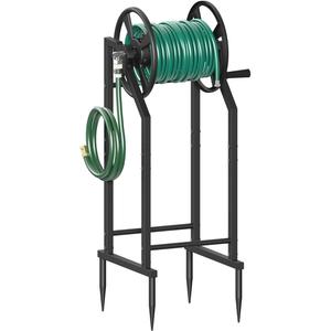 4-Spike Garden Hose Reel with 3.9ft Leader Hose & Stainless Fitting, Outdoor Hose Holder holds 125ft Hose of 5/8", Freestanding Metal Hose Stand for Outside Yard Lawn, Black