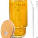 Tinaforld Glass Cups with Lids and Straws, 16 oz Glass Tumbler, Iced Coffee Cups with Lids, Ideal for Cocktail, Whiskey