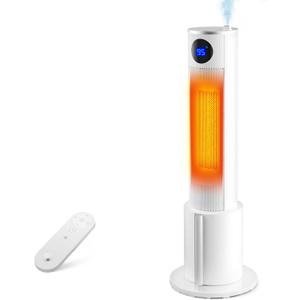 Space Heater with Humidifier - Portable Tower Heater for Indoor Use with 1L Water Tank, Space Heater Large Room, Office, Bedroom, Oscillation, 3 Heating Modes, 12H Timer, Tip-over Protection