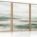 HOURIA Large Watercolor Misty Green Mountain Framed Canvas Wall Art, Neutral Brush Stroke Wall Decor, Modern Landscape Artwork, Nature Minimalist Art Print for Living Room,Bedroom,Office-16 x24 x3