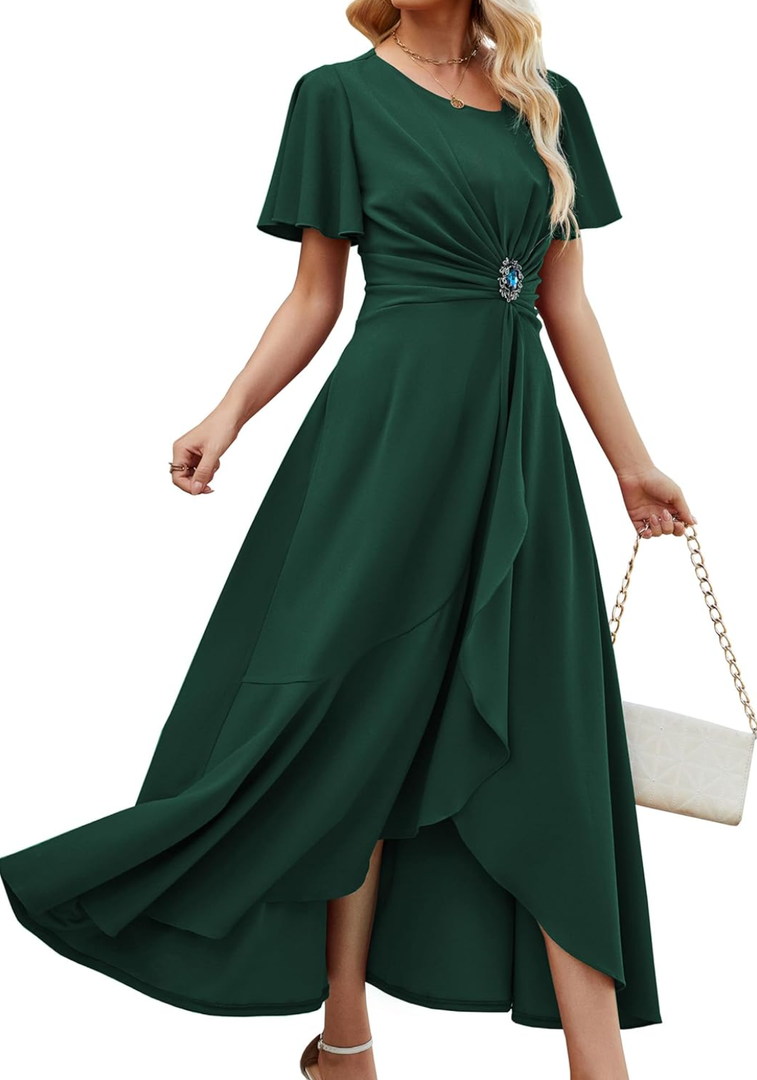 Wedding Guest Dresses for Women Have Pockets Cocktail Dress Ruffle Sleeve A Line Evening Party Formal Dresses for Women XXl