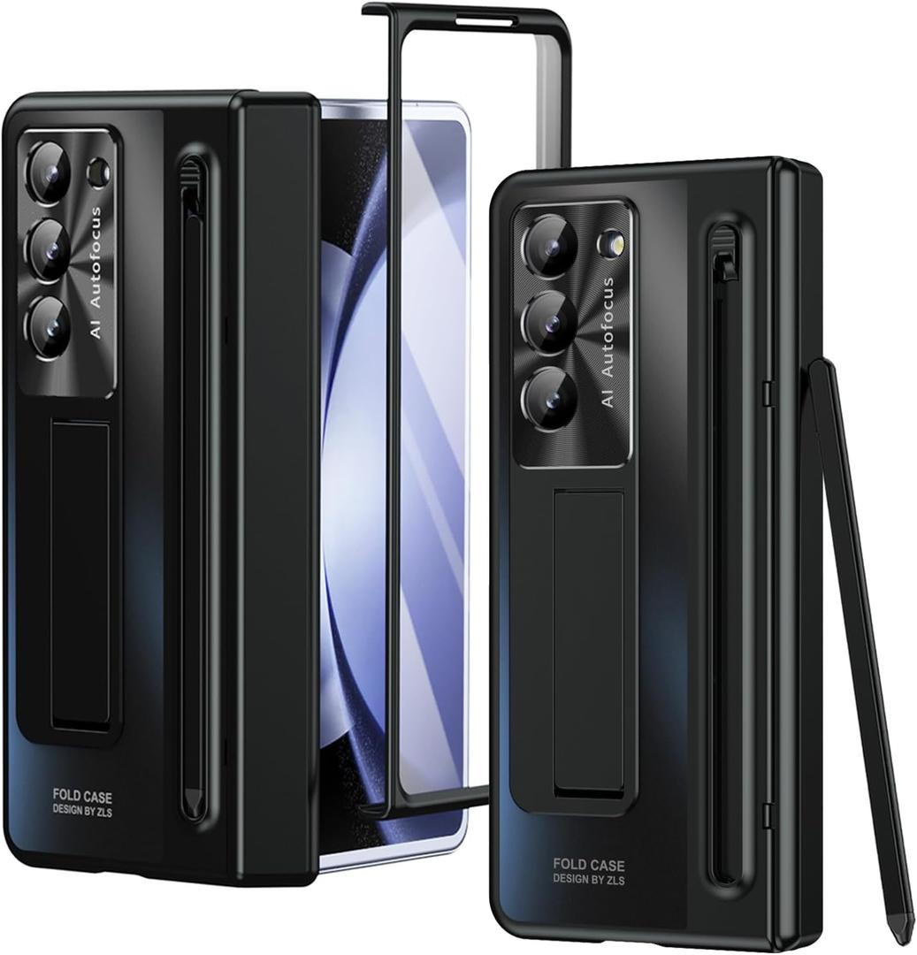 for Samsung Galaxy Z Fold 6 Case with S Pen Holder & Black Stylus, Fold6 Hinge Protector Cover with Kickstand Built in Screen Protector Camera Protector Protective Case for Z Fold 6 Black